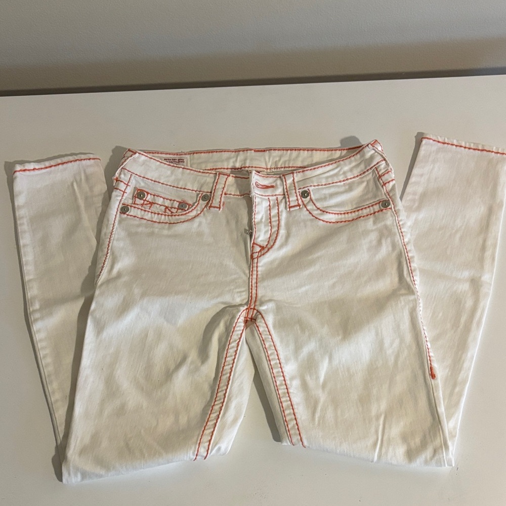 True Religion Halle Big T White & Peach Jeans